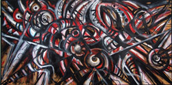 Umberto Mastroianni Cavalcata barbarica dipinto su compensato, cm 150x300